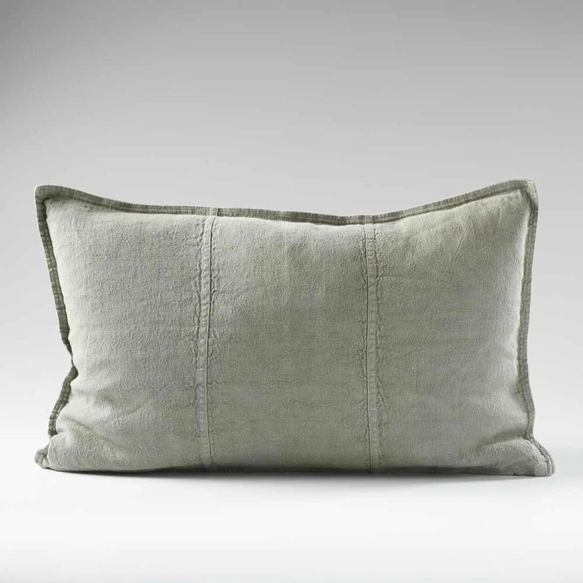 Luca Linen Outdoor Cushion - Pistachio — garment-dyed pistachio linen with lived-in texture