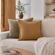 Eli Cushion - Toffee — textured toffee cushion with unfinished fringe edge