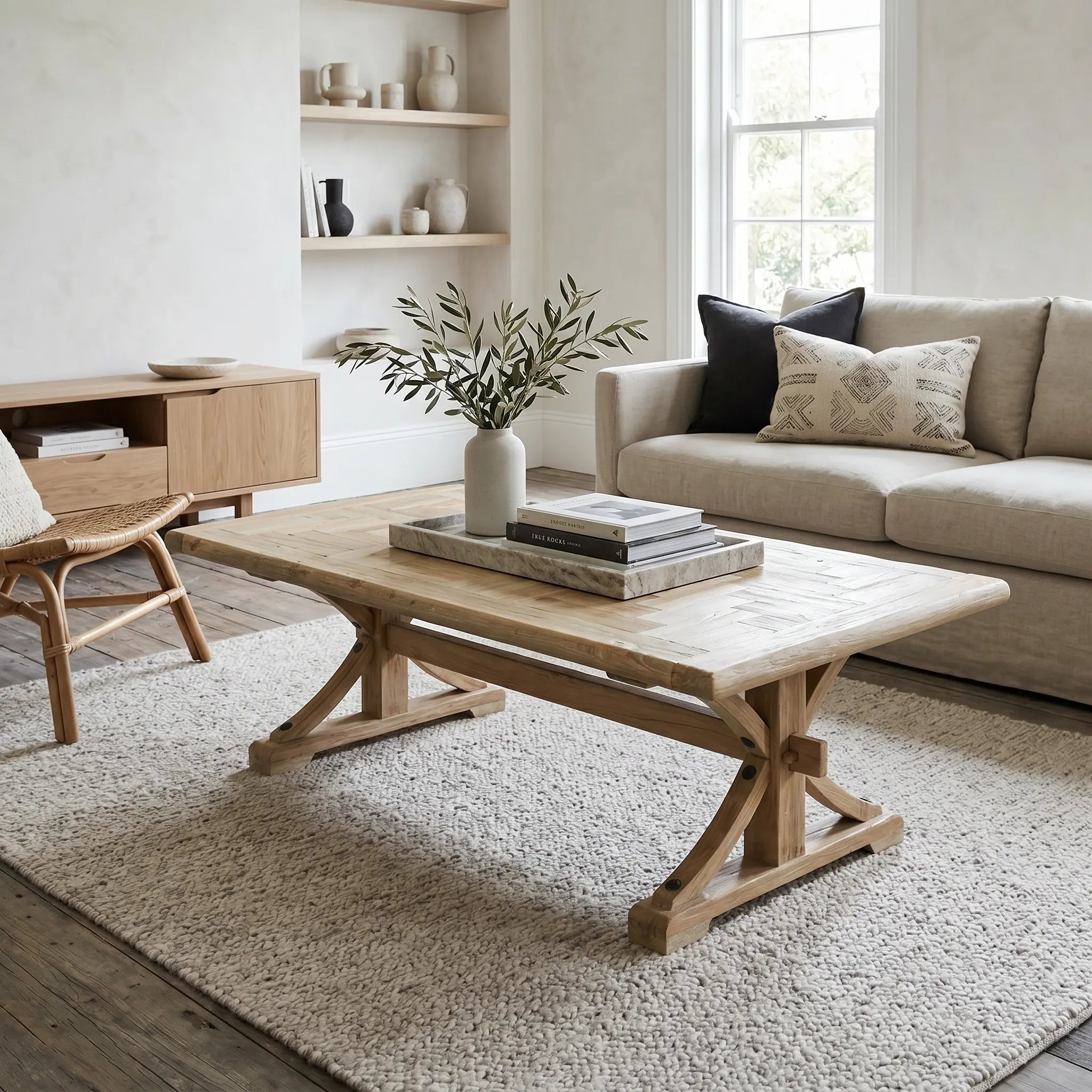 Living room with wooden coffee table, beige sofa, and decorative items.