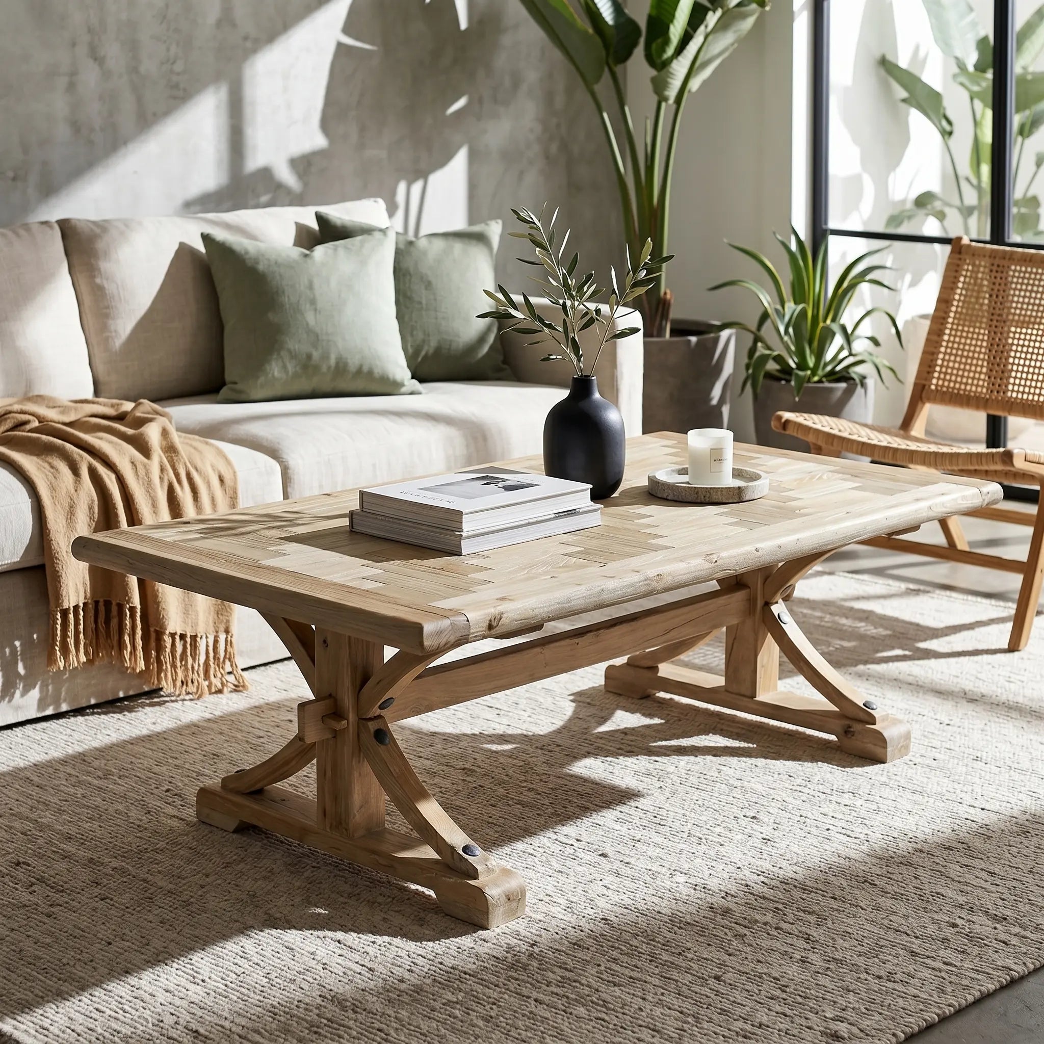Cinquant Reclaimed Elm Coffee Table — amber and grey elm boards in herringbone pattern