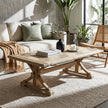 Cinquant Reclaimed Elm Coffee Table — amber and grey elm boards in herringbone pattern