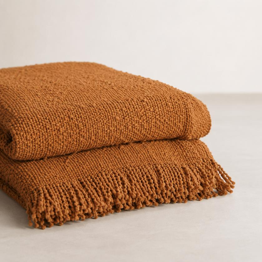 Lido Throw - Toffee — shifting light across the boucle surface