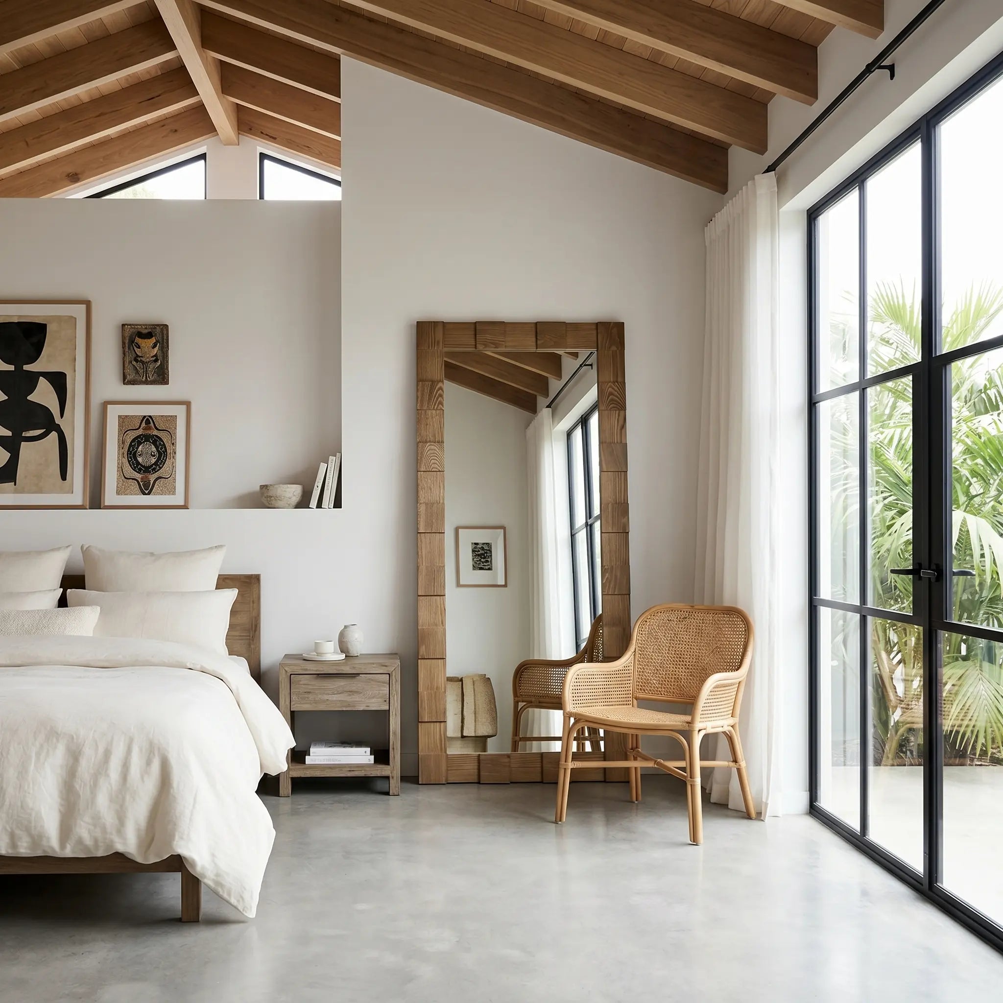 Nala Oak Floor Mirror — tall leaning mirror bordered in hand-laid oak pieces