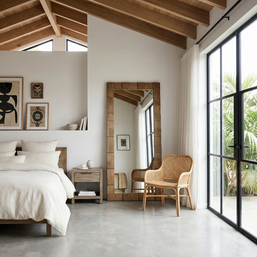Nala Oak Floor Mirror — tall leaning mirror bordered in hand-laid oak pieces