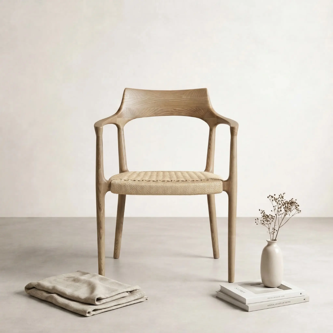 Porter Armchair — solid ash armchair with woven rope seat and backrest