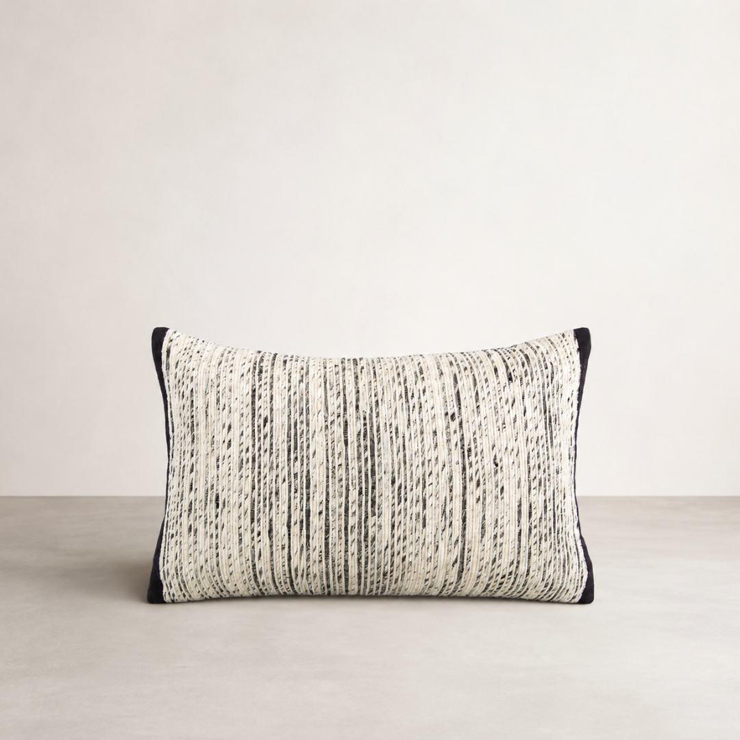 Ema Silk/Cotton Lumbar Cushion - Black — handwoven silk-front lumbar cushion in deep black