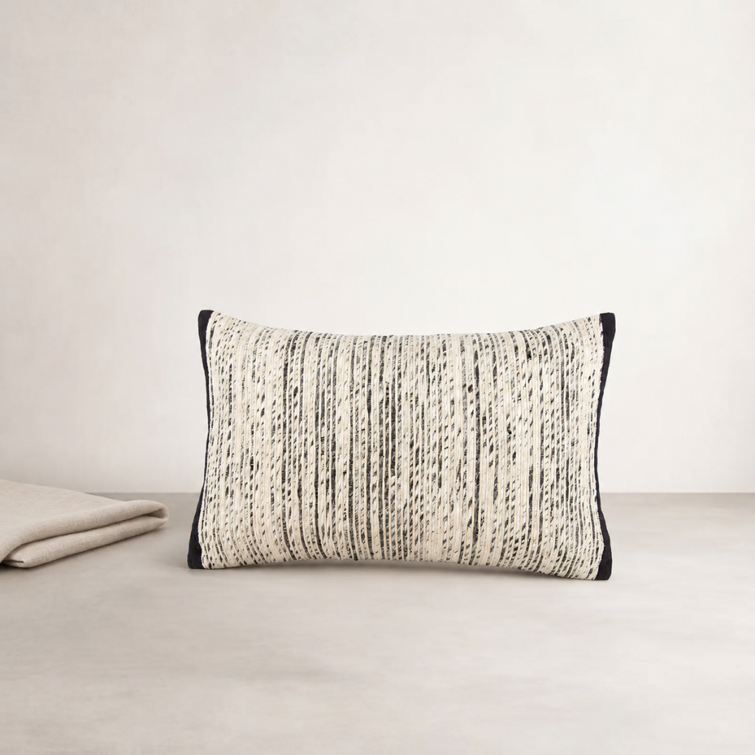 Ema Silk/Cotton Lumbar Cushion - Black — dense woven texture with light-absorbing black finish