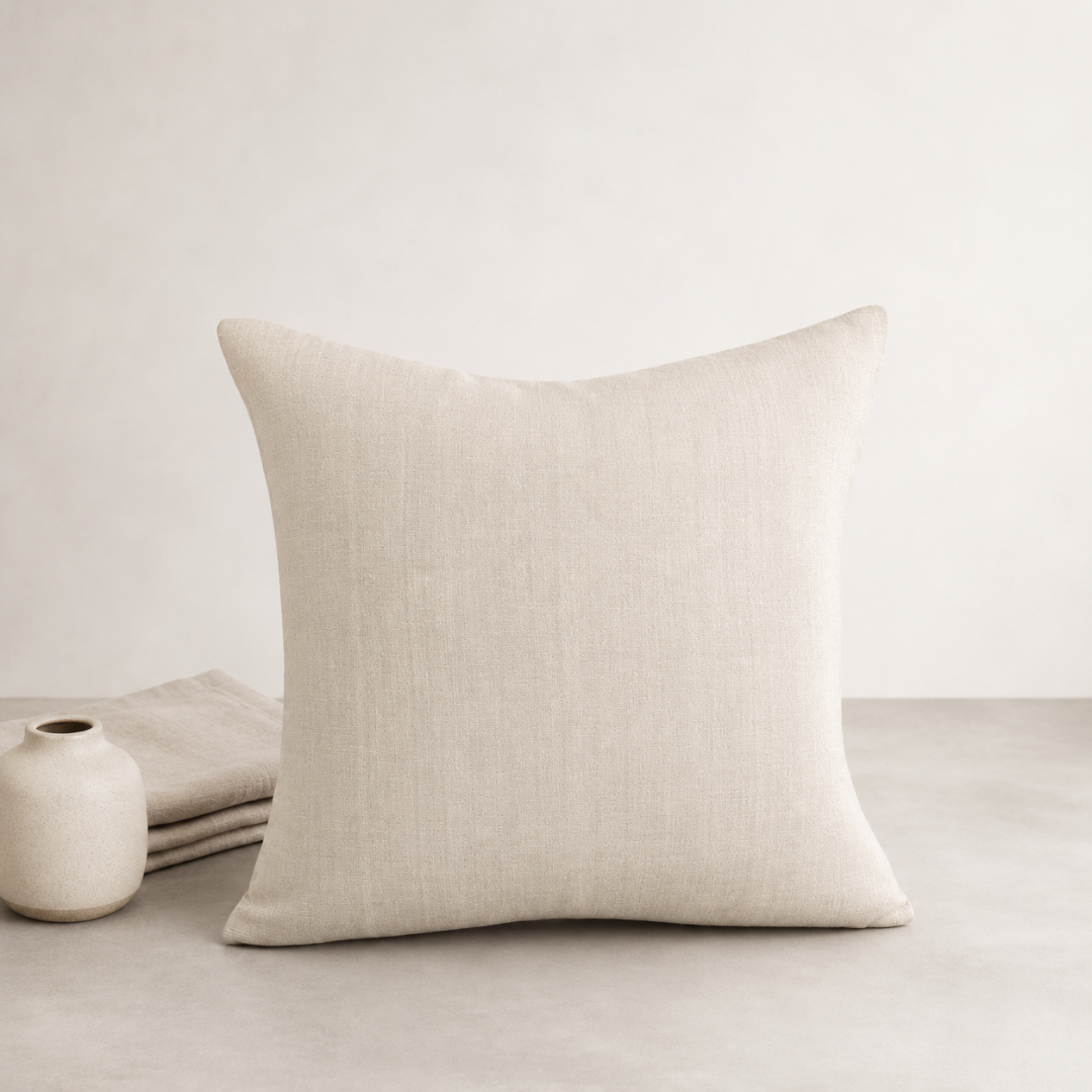 Una Cushion - Natural — slubbed natural weave with quiet tonal variation
